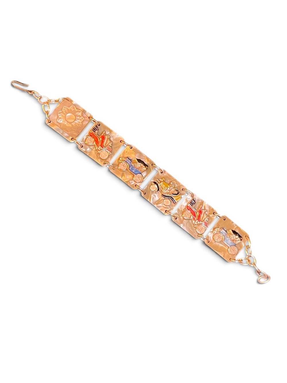 1940’s Mother of Pearl Celluloid Car Themed Novelty Panel Bracelet